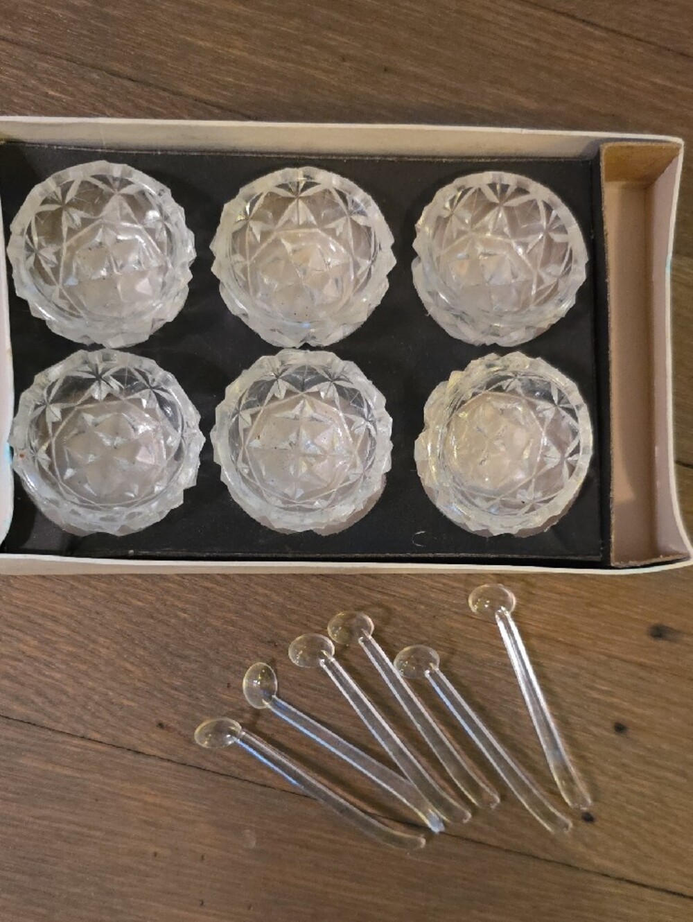 Set of 6 Clear Glass Vintage Salt Cellars with 6 Small Spoons